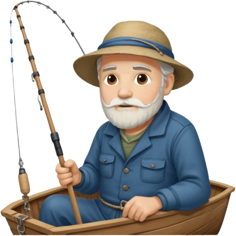 an old white haired, bearded man in fisherman attire, sat in a big boat on a calm sea, holding one fishing rod in one hand, with the end of the fishing line touching the water emoji