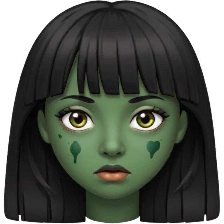 Mulher de franja cabelo preto pele verde bem escuro com a cara machucada com os olhos regalado fundo escuro cabelo longoo emoji