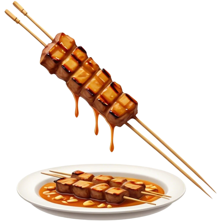 Cinematic Realistic Satay Dish Emoji, depicted as skewered, marinated meat grilled to perfection rendered with rich, smoky textures and dynamic, appetizing lighting. emoji