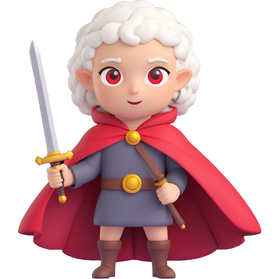 character with short sheep horns, curly white hair, round dark gray face, red eyes, red cape with yellow bell, holding a large sword, confident and cute expression emoji