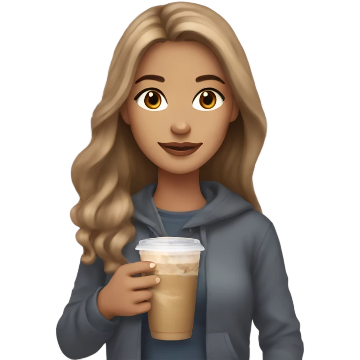 Beautiful woman, long light brown hair, brown eyes, cozy holding an iced coffee emoji
