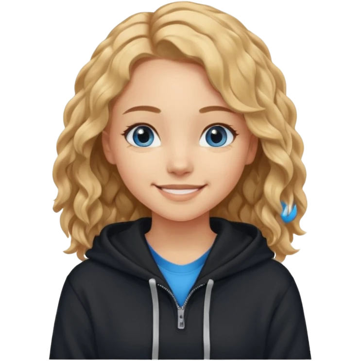 мила дівчинка з пшеничним хвилястим волоссям до грудей з голубими очами в чорному худі посміхається emoji