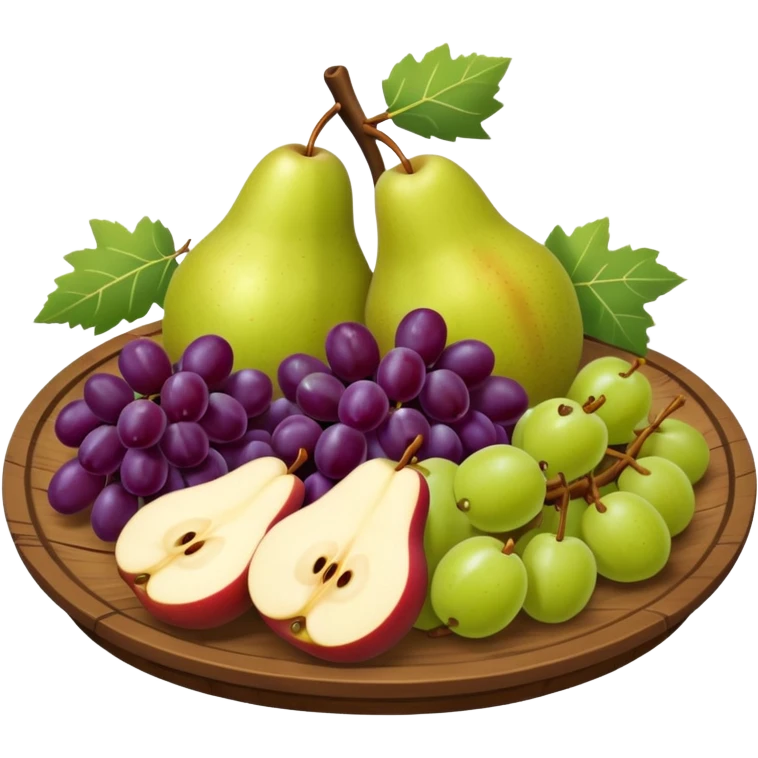 medieval fruit platter object icon, sliced apples and pears, grape clusters, rustic plate, fresh juicy look, 3D cartoon, mobile game icon style, clean background, no text, no watermark
 emoji