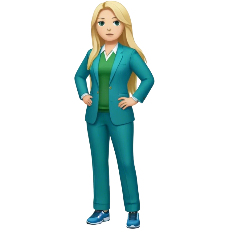 Full Body white plus size female basketball head coach with long blonde hair in a blue and green suit emoji
