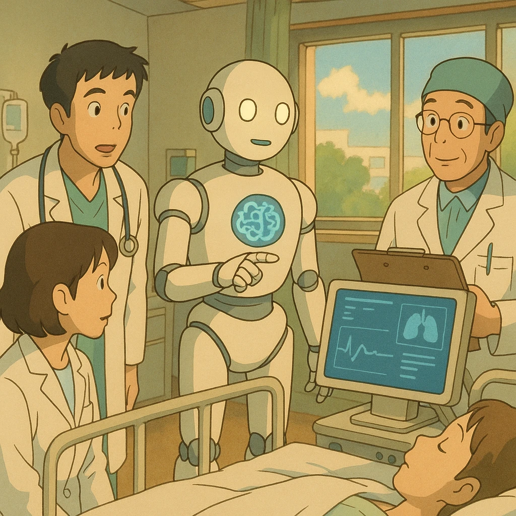 ghibli style scene of AI helping doctors in a hospital emoji