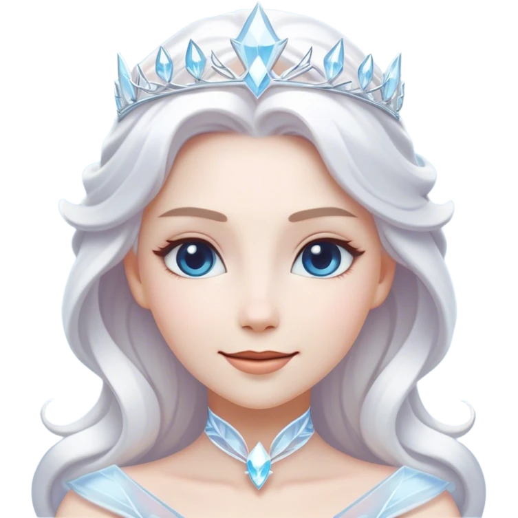 Cinematic Radiant Snow Queen Portrait Emoji, rendered in a realistic, vector style with clean proportions. Show Elsa with a gentle, confident smile, icy pale skin, and luxuriously styled platinum hair, her expression calm and regal. The image glows with a soft, enchanting icy luminescence, high shine, and is accented by a soft glowing outline that enhances her ethereal beauty. emoji