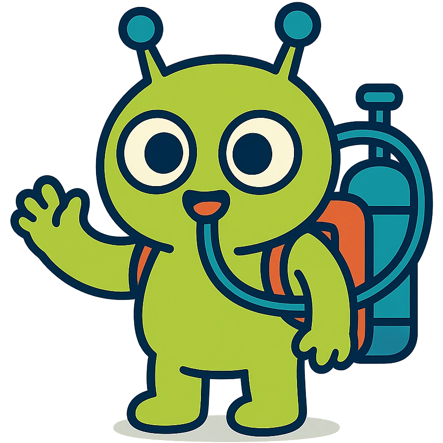 adorable alien with an oxygen tank, cartoon style, round shapes, playful look emoji