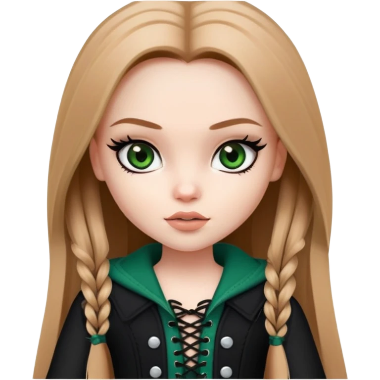 pretty bratz girl, long straight LIGHT BROWN HAIR, dark green eyes, black eyeliner, pale skin, black girly clothes with laces emoji