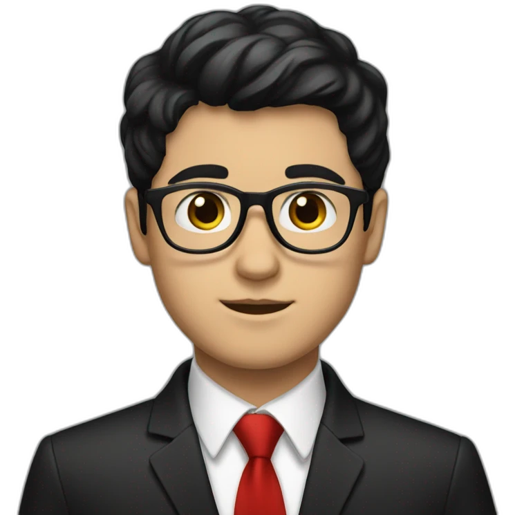White boy wearing glasses with black hair with brown eye with black shirt and red tie emoji