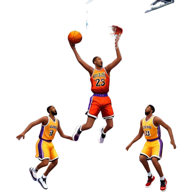 An icon showing a basketball court with players in action, inspired by NBA 2K25. A player jumps for a dunk, the ball mid-air, surrounded by a vibrant basketball arena with cheering fans and bright lights. Transparent background emphasizes the intense atmosphere emoji