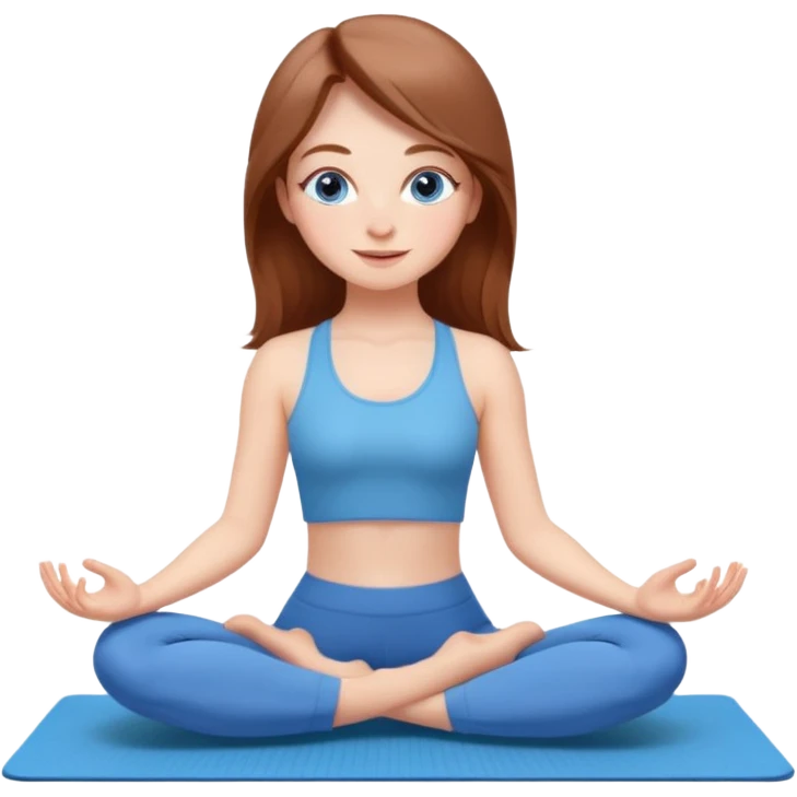 A girl with fair skin and a natural blush. Eyes are large, expressive, blue. Hair is long, straight, light chestnut. Smile is soft, friendly, does yoga emoji