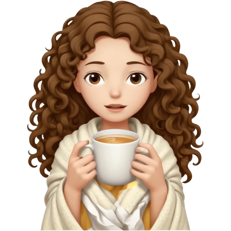 a slender girl with fair skin with long curly brown hair wrapped in a cream blanket in her hands a white mug her face is calm and her eyes are closed emoji
