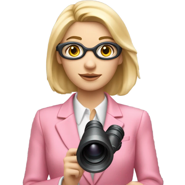 white female employee with pretty face and loose blonde hair wearing intensive color all pink suit looking in binoculars. Upper-body only. Looking straight in front of camara emoji