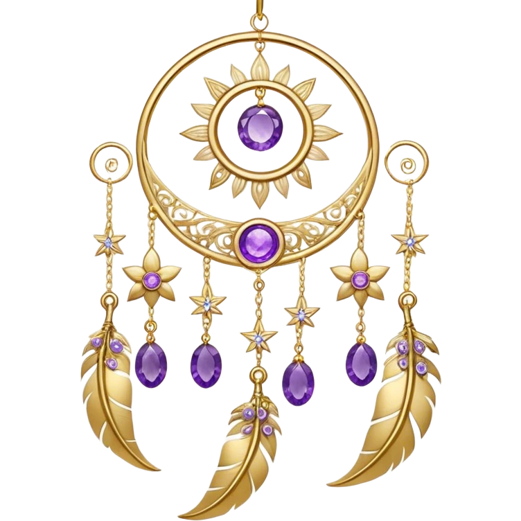 Epic beautiful gorgeous cute gold suncatcher, threads with shiny sparkly amethyst gemstones, flowers, crescents-moons, stars, gold Feathers  emoji