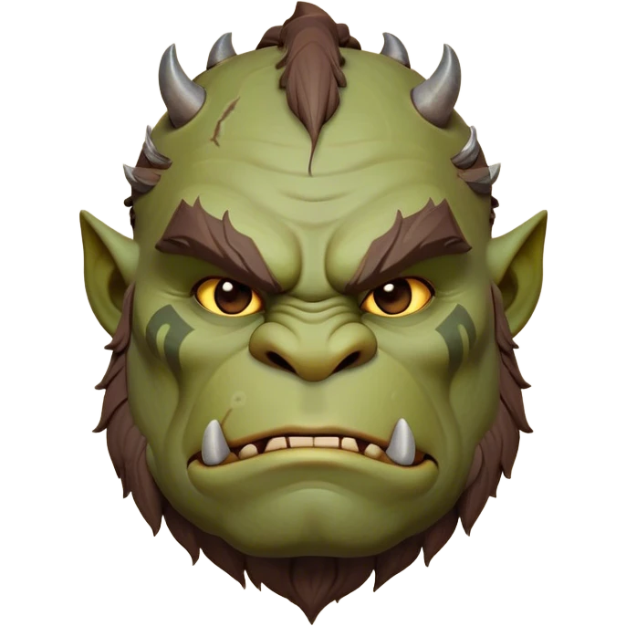 Cinematic Noble Ogre Portrait Emoji, Majestic and imposing, with a rugged, muscular form in deep earthy greens and browns, adorned with battle scars and subtle tribal markings, exuding calm, noble strength and unexpected wisdom, simplified yet strikingly detailed, glowing with a shadowy outline that captures the essence of a gentle giant with fierce heart! emoji