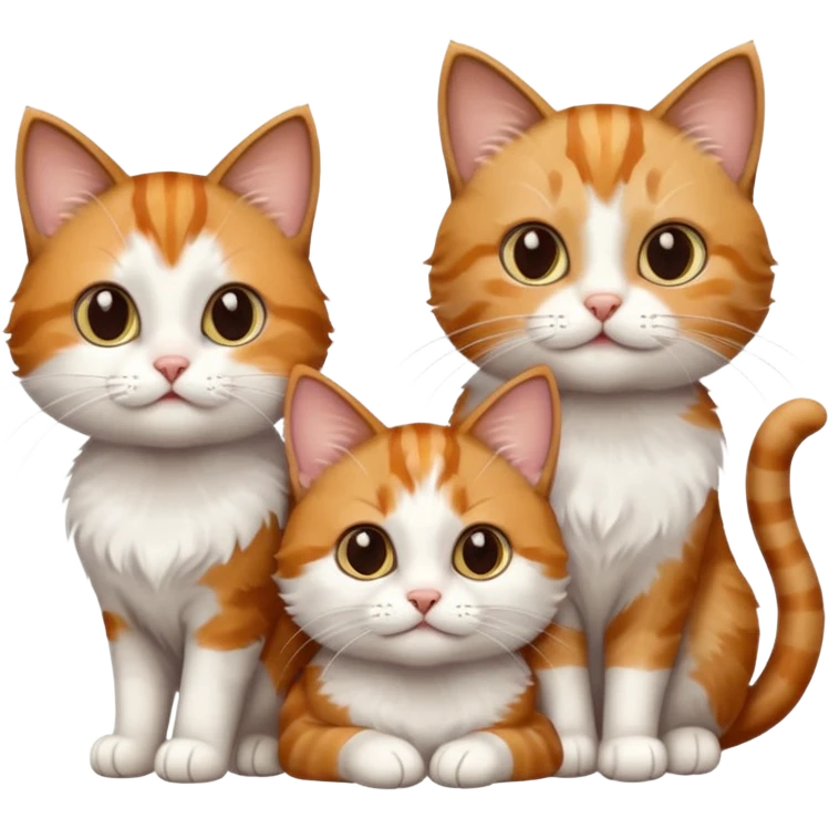 3 small cats different colours including brown tabby and white, light patchy calico, and ginger and white emoji