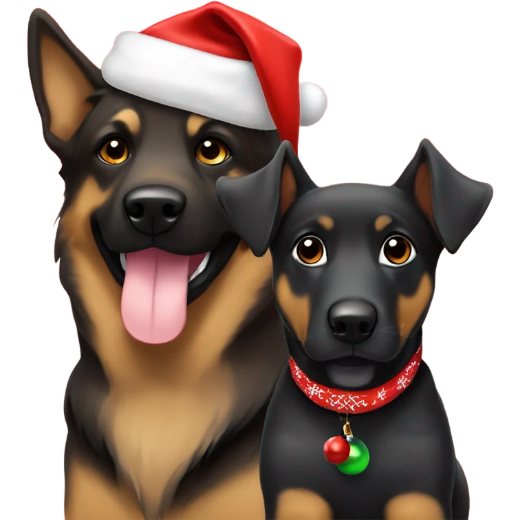 Light brown dog in Santa hat sitting next to a black German Sheppard that is wearing a Christmas bandana emoji