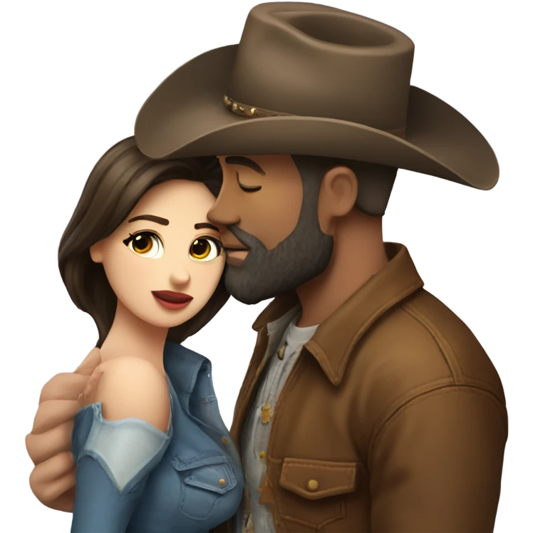 Tall bald bearded cowboy kissing curvy beautiful brunette  emoji
