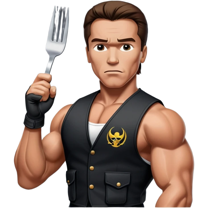 Young Arnold Schwarzenegger wearing a black vest with a fork and knife crossed logo on it from commando poster with war makeup on ready to fight (seen above the chest) emoji