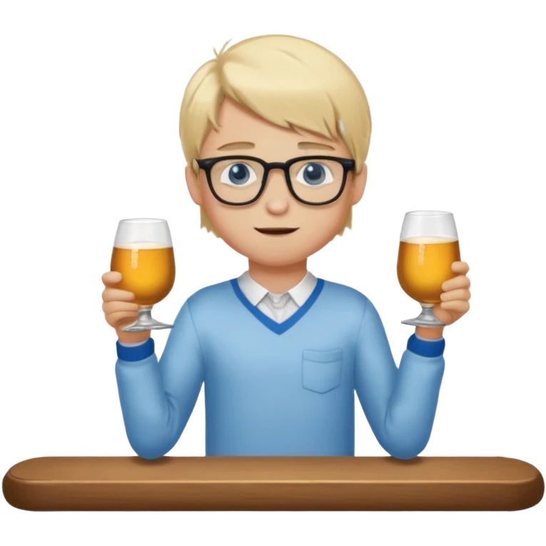Wygeneruj mi emotke ubranego chłopaka i pokaż go od stóp do głów o włosach blond z niebieskimi oczami w okularach, który utrzymuje się na drążku emoji