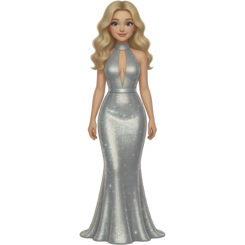 Sabrina Carpenter wears a floor-length, silver sequined gown featuring a high halter-style neckline. The shimmering fabric creates a radiant, "starry" effect under the spotlight, while a cinched waistline defines the silhouette. voluminous blonde hair emoji
