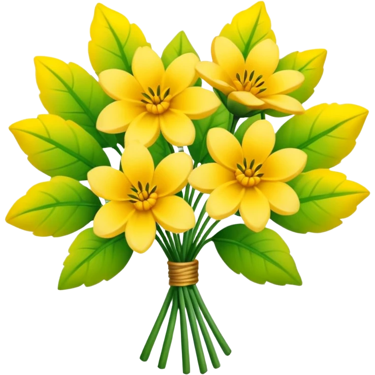 Generate a high-quality image of a bouquet of flowers dominated by yellow blooms, with a mix of green leaves, realistic colors and shading, smooth gradient colors, no human figures, no facial features, no brand markings, simple white background, high-resolution.
 emoji
