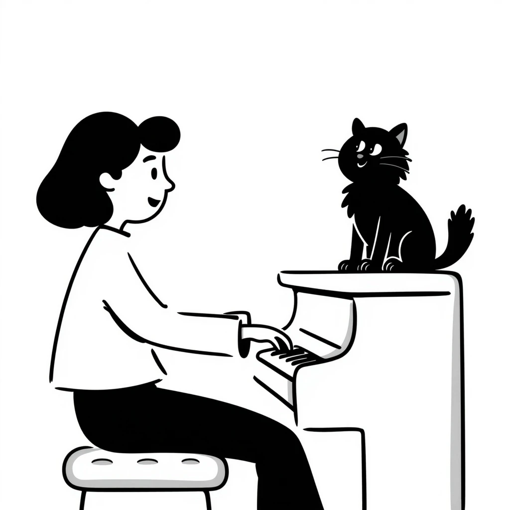 woman playing piano while her cat sits on top of the piano emoji