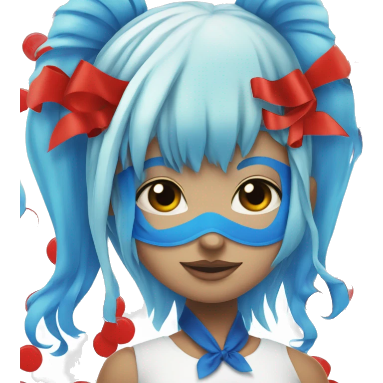 Girl with blue hair two ponytails on the side with red ribbons on it and a red mask with black dots on it emoji