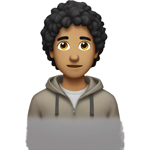 Guy with shaggy black hair, tan skin, gray hoodie emoji