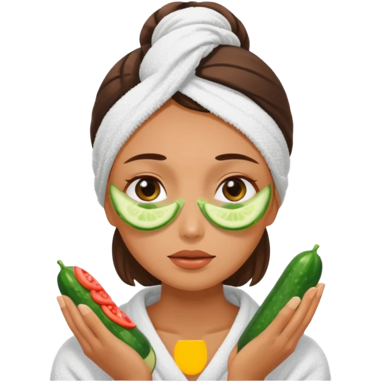 woman at the spa with cucumbers on her eyes (no eyeballs showing) and tan skin tone with towel covering hair emoji