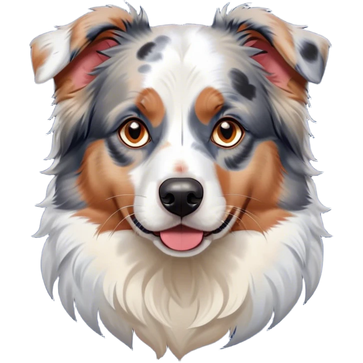 Cinematic Noble Calico Australian Shepherd Portrait Emoji, Poised and regal, with a strong, agile build and a predominantly white coat with calico merle markings of tan, black, and red, piercing blue eyes, Simplified yet sharp and sophisticated features, highly detailed, glowing with a soft, dignified glow, high shine, intelligent and loyal, stylized with an air of elegance, focused and attentive, soft glowing outline, capturing the essence of a watchful and confident herder, so majestic it feels as though it could step out of the screen with effortless authority! emoji