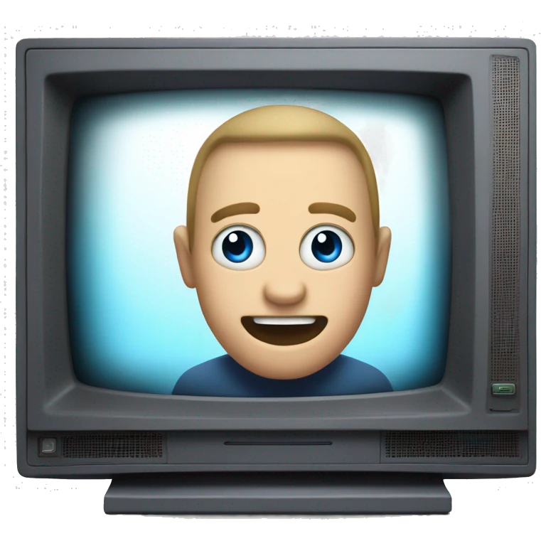 twitch emote of a Man with a TV for a head with blue digital eyes and hes happy, No human head emoji