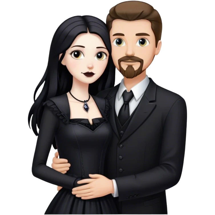 tall white man with brown hair goatee mustache hugging a goth woman with long black hair, wearing formal clothing emoji