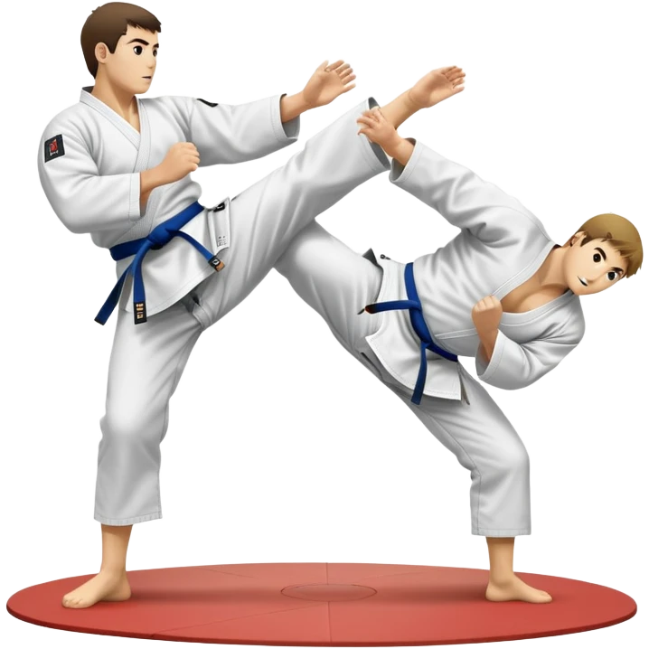 Two judo practitioners in traditional gi, one executing a powerful throw while the other is countering with a defensive move. The background features a judo mat and a focused dojo atmosphere. Transparent background highlights the precision and technique of judo. emoji