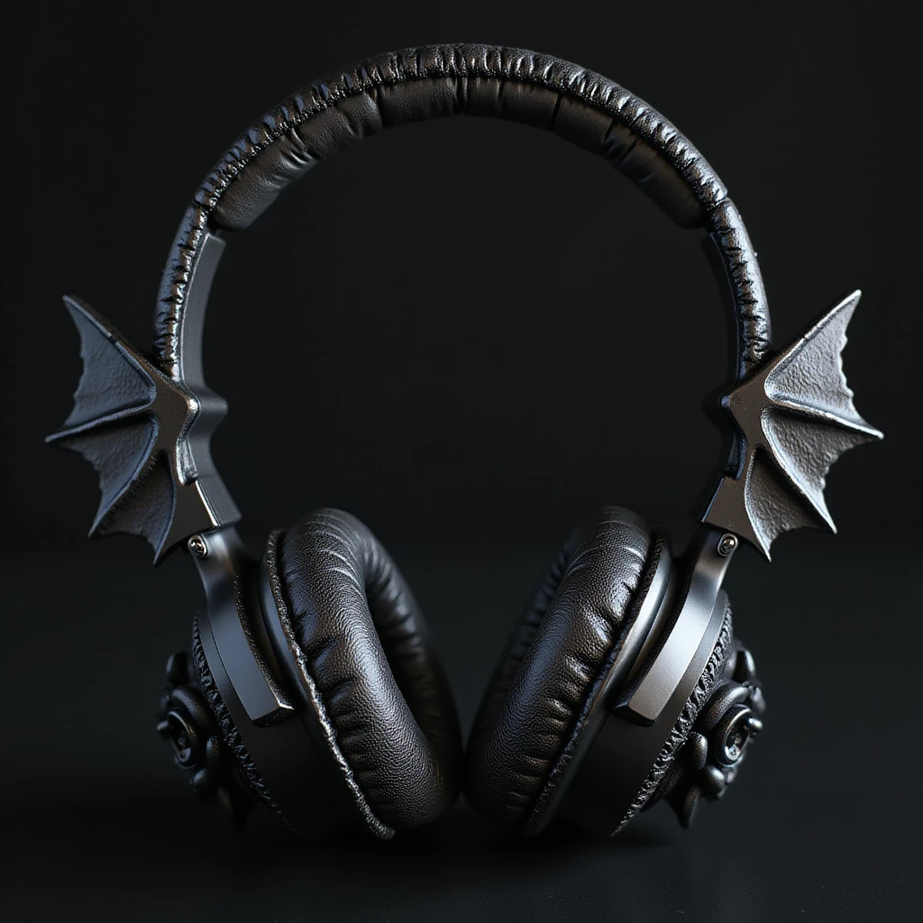 realistic black gothic headphones with bat wing details, lace trim, and dark roses, photorealistic style emoji