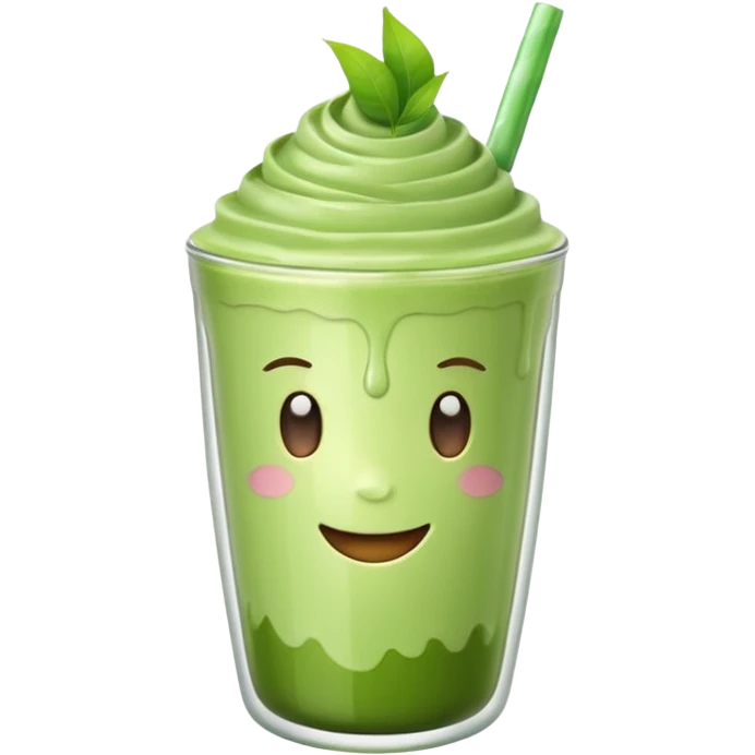 Emoji glossy 3D de un vaso de matcha latte, vaso de vidrio transparente con matcha espumoso verde pastel, capas suaves de leche y matcha, brillo intenso tipo sticker, sombras delicadas, fondo transparente, estilo cute moderno, alta calidad emoji