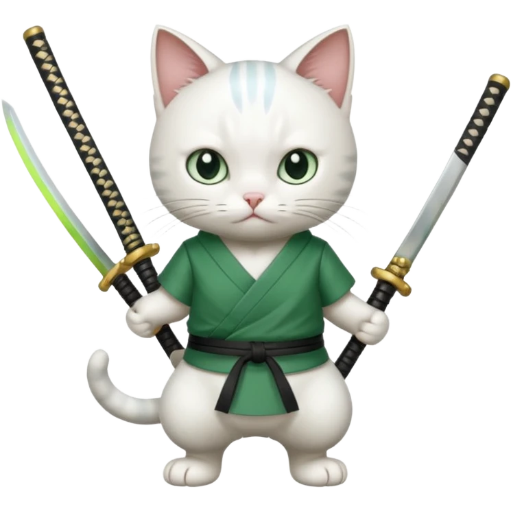 un gato blanco con reeferencia a roroa zoro "una espada en cada mano y una en la boca emoji