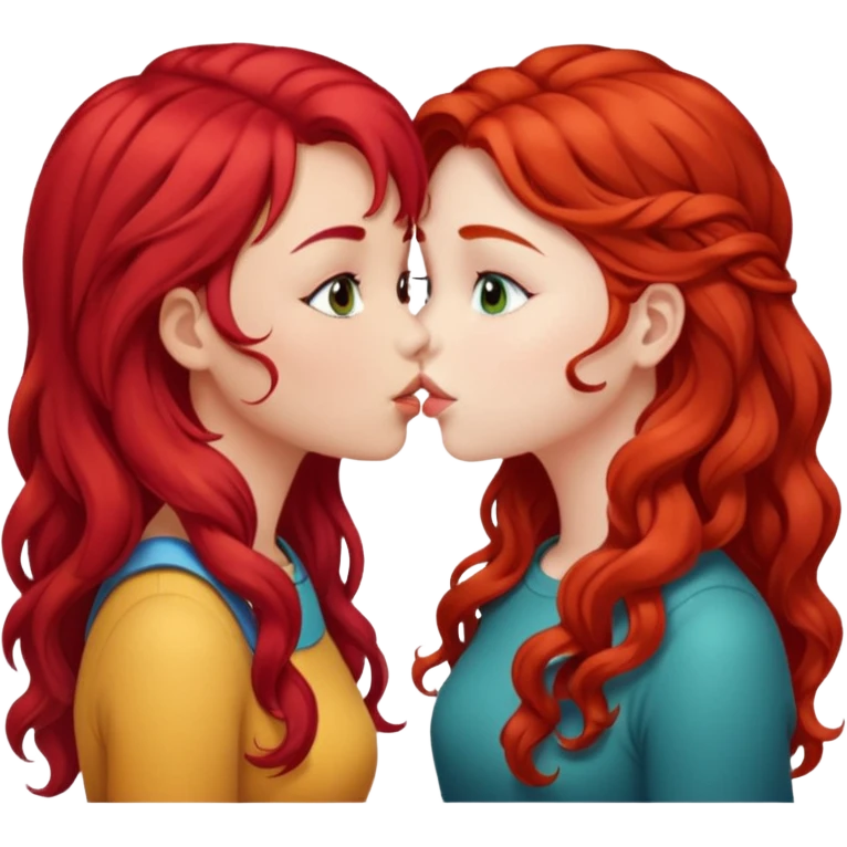 two girls kissing. one with straight bright red hair, the other with long curly brown hair emoji