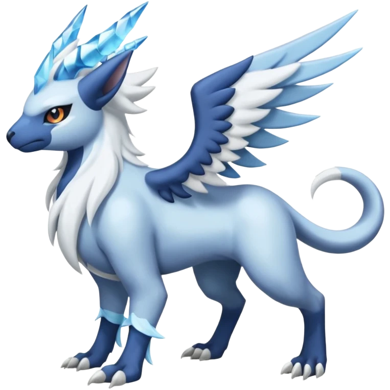 Icy Arctic Frost-Blue Pale-Shimmering Snow-Dusted Majestic Absol-Kyurem-Nargacuga-Meloetta-Latias-fusion-creature (full body) emoji