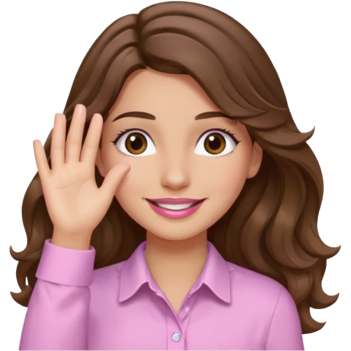 girl with wavy long brown hair, brown eyes, light to medium complexion, long lashes, light pink lipstick, wearing light pink shirt, smiling, hands over the eyes emoji