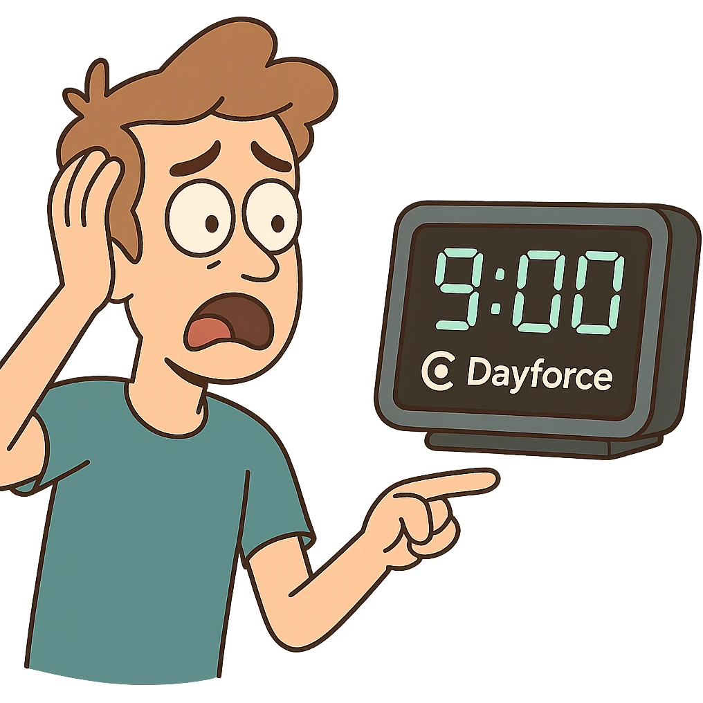 modern digital clock with Dayforce branding in flat-toon style emoji