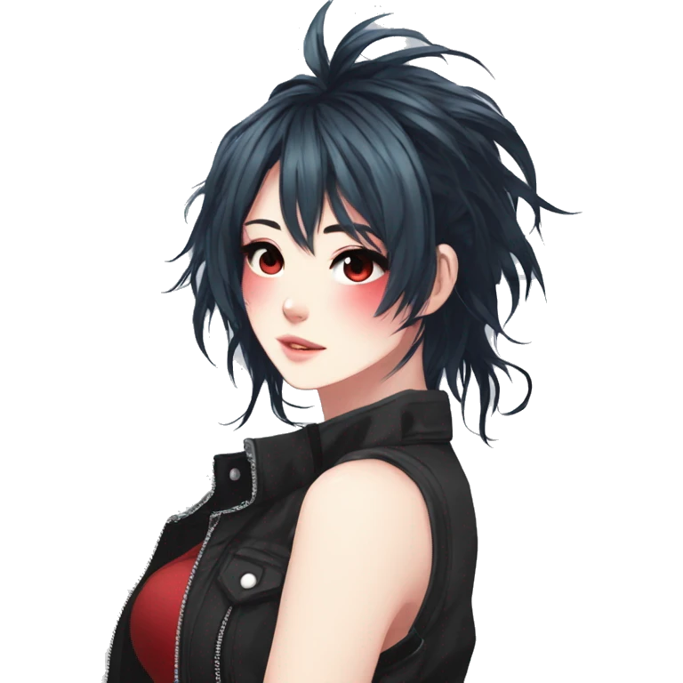 Gorgeous anime style shojo character with blushing face aesthetic and pretty edgy black red punk hair with hair garment trending style emoji