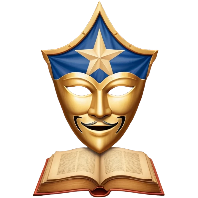 Ancient leatherbound book with prominent Puerto Rican flag star in center of cover, wooden theater masks and curtains framing the edges, warm amber glow emanating from pages, vintage textured parchment emoji