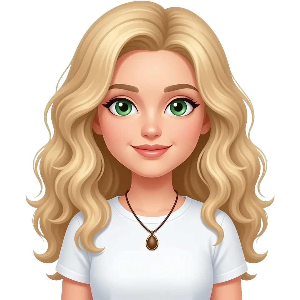 long blonde a little curl hair green eyes wearing white T-shirt, brown necklace emoji