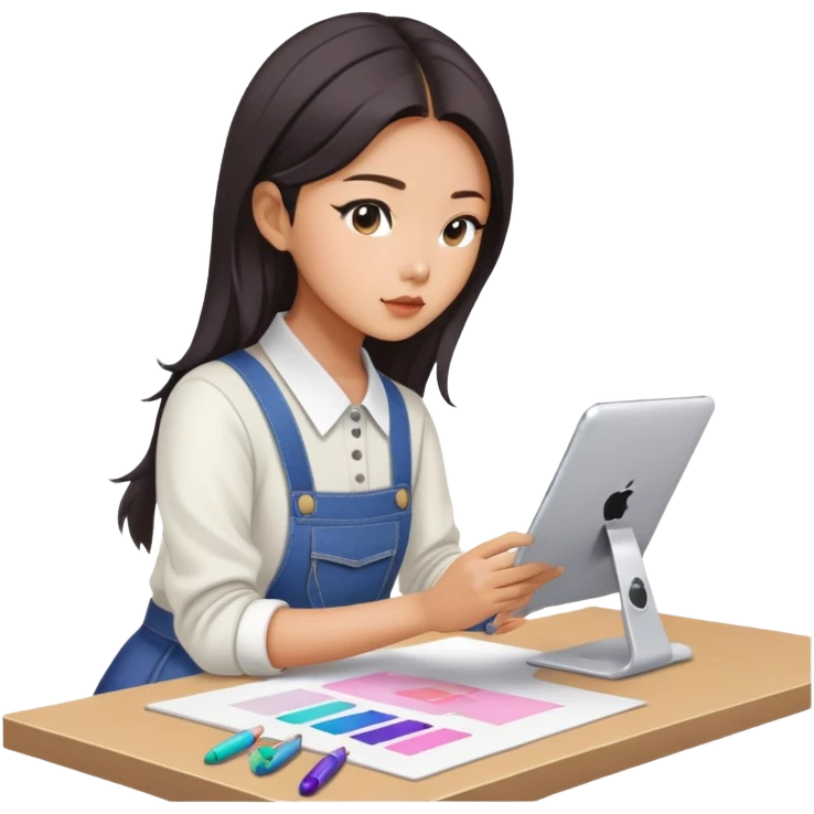 asian female clothing designer, designing kpop clothing emoji