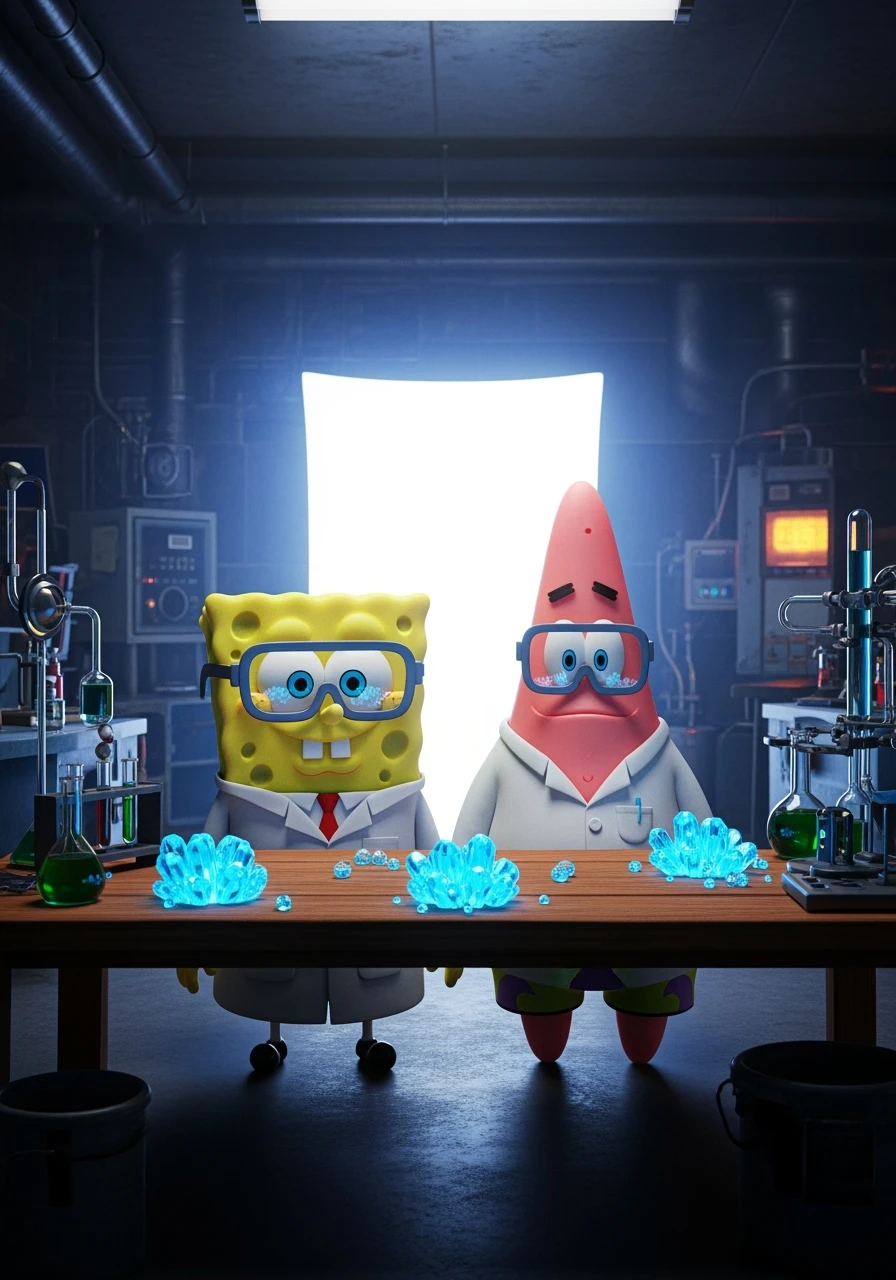 3D cienmatic cartoon shot, spongebob and patric dress in safety glasses and safe white outfit, the are standing front of table with blue crystals on table glowing (light source) science room in basement, back light, Cinema 4d render, proffesional lightning emoji