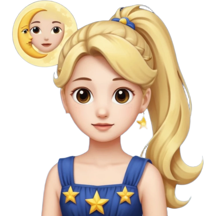 ponytailed girl, sun, moon, star emoji