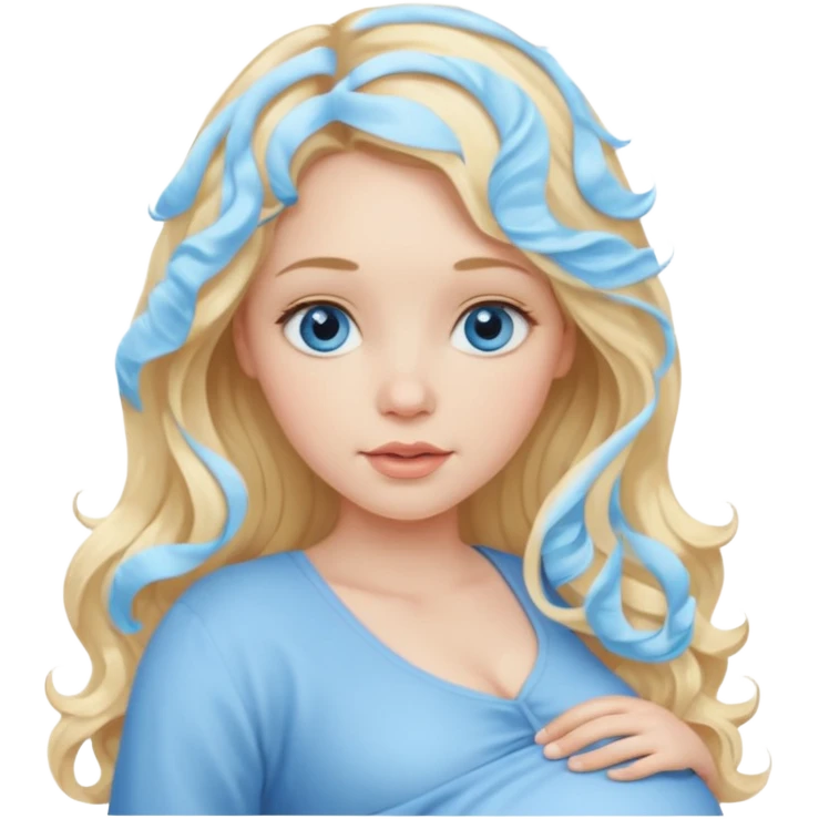 Young pregnant girl, blonde long and wavy hair, and blue eyes, pale skin. emoji