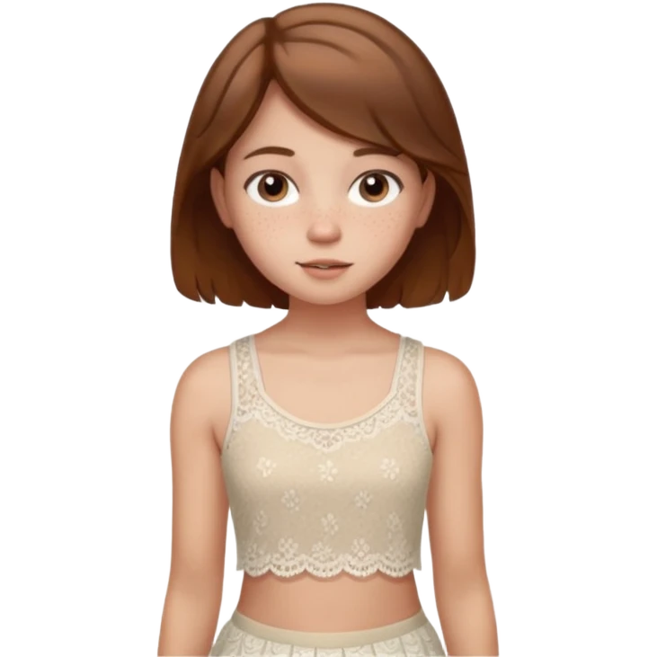 Generate a 14 year old girl with brown hair a little bit of a baby face and a lot of freckles brown eyes and wearing a lace tank and a skirt emoji