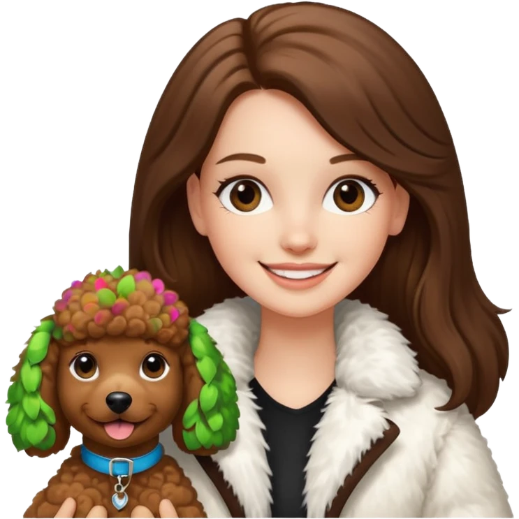 A white girl smiles a broad smile. She parts a long straight brown hair in middle. and she wears a white fur jacket. She also holds one brown poodle. emoji